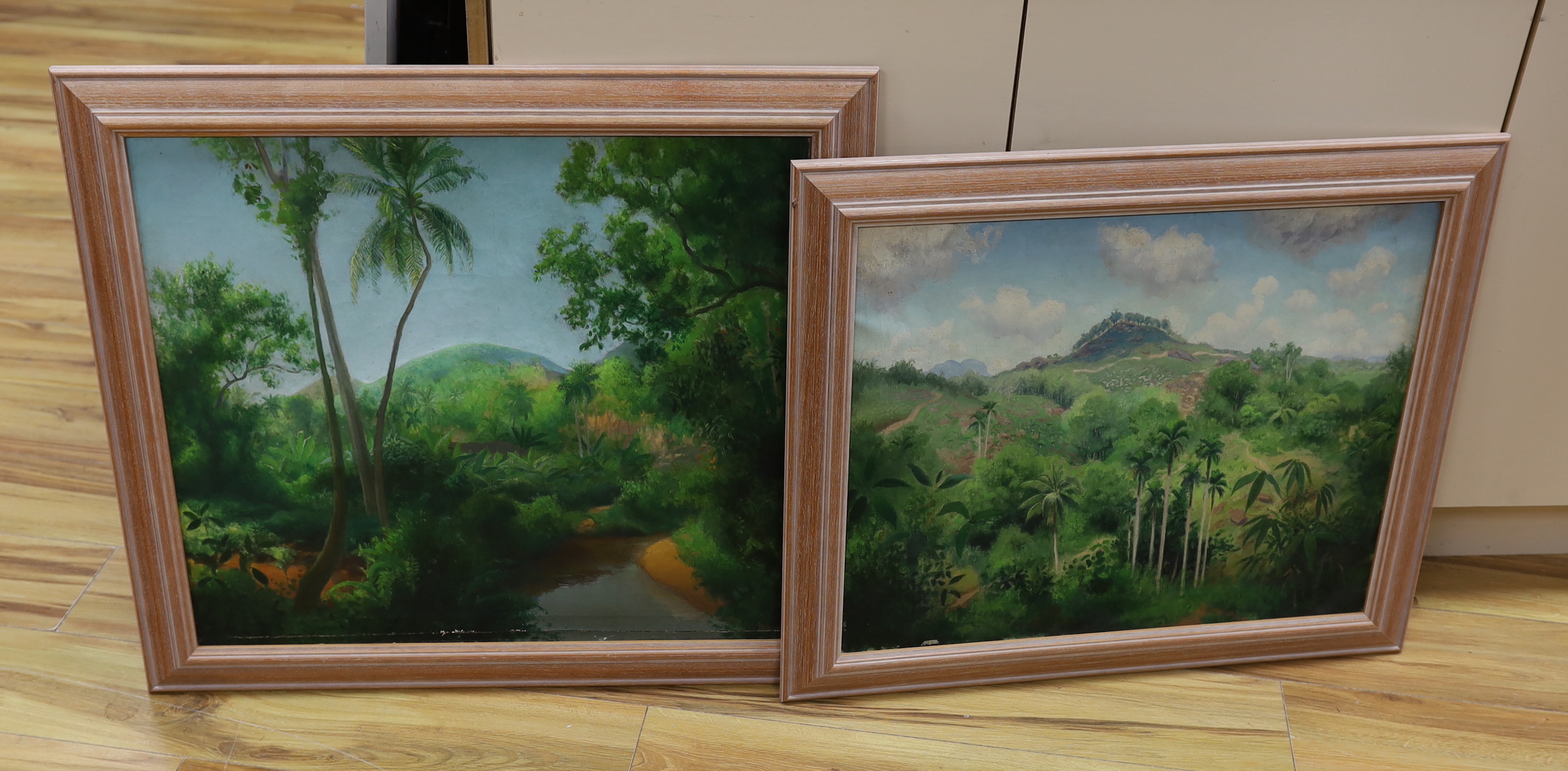 Brooke Haylar (contemporary), two oils on canvas, Mountainous jungle landscapes, one signed, largest 64 x 56cm